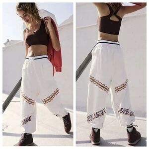 Free People Crystal Sport Joggers Embroidered Ribbed Waist Ivory Red Gold M NWOT